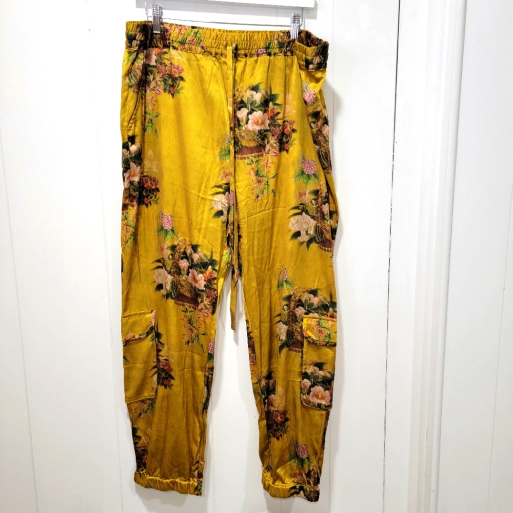 Johnny Was Biya Floral Pattern Silk Pants Jogger Style Mustard Yellow Size XL